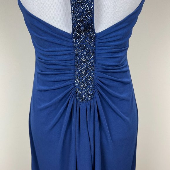 Alex Evenings Dress 4P Navy Blue Pleated Beaded Halter V-Neck Padded Bust Party - Picture 10 of 13